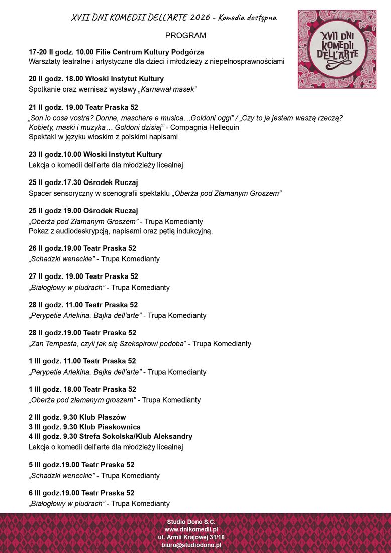 XVII Dni Komedii Dell'Arte w Krakowie - program wydarzenia