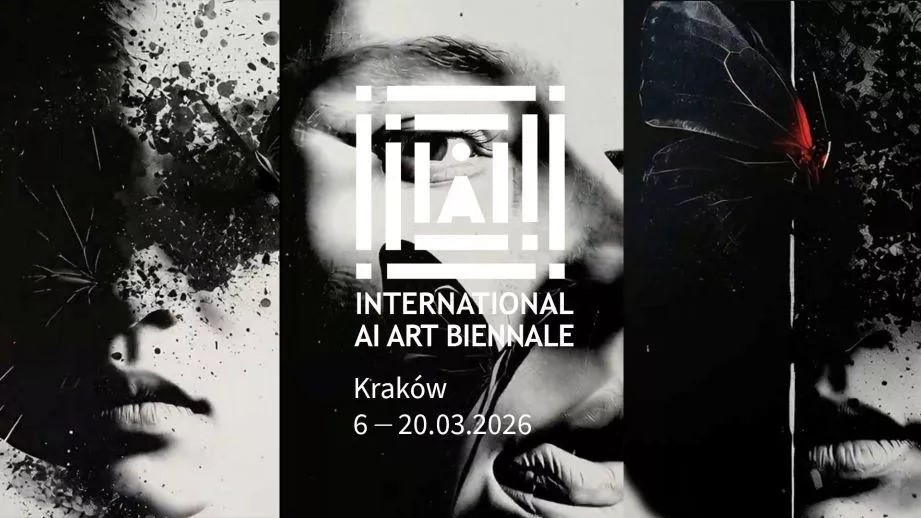 Plakat Międzynarodowego Biennale Sztuki AI autorstwa Arkadiusza Marcinkowskiego